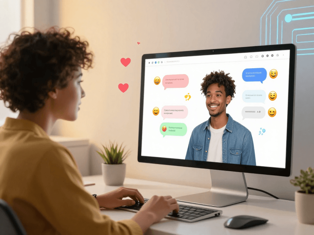 Engaging sex chat ai experience between avatars in a digital space with playful emojis.