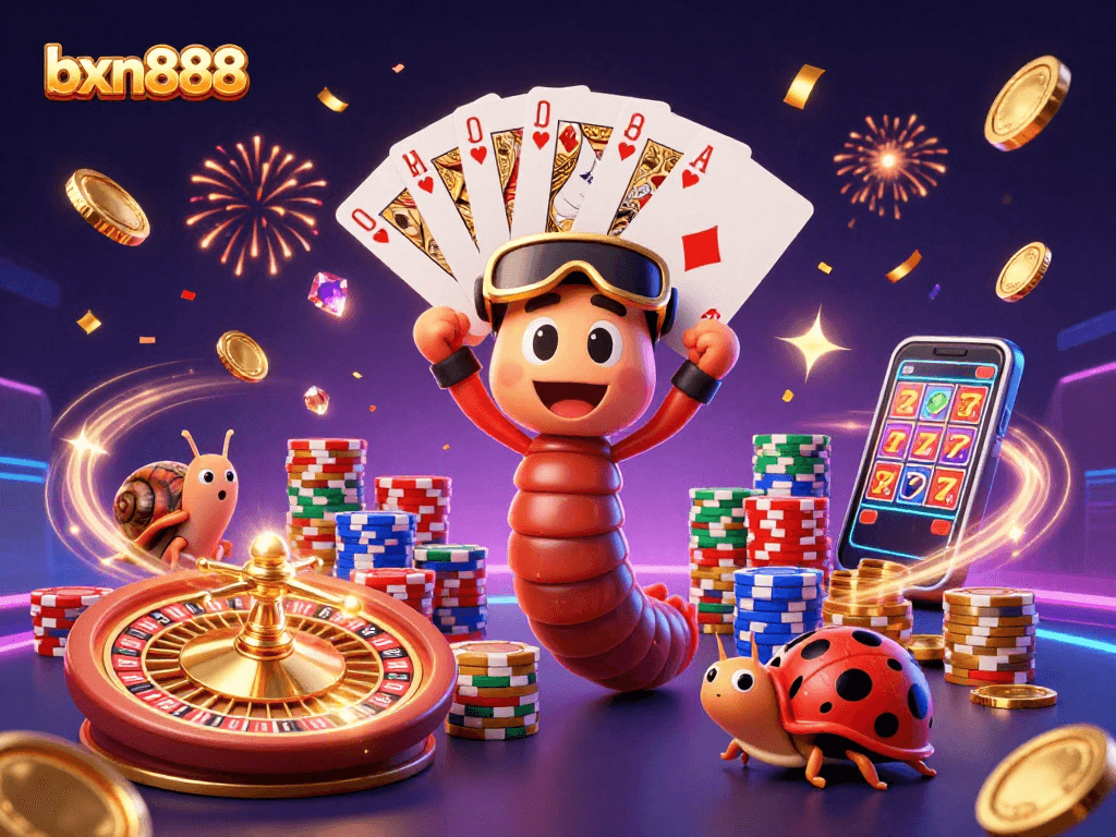 Engage in thrilling gameplay with bxn888, featuring vibrant icons and lively characters in a dynamic casino scene.
