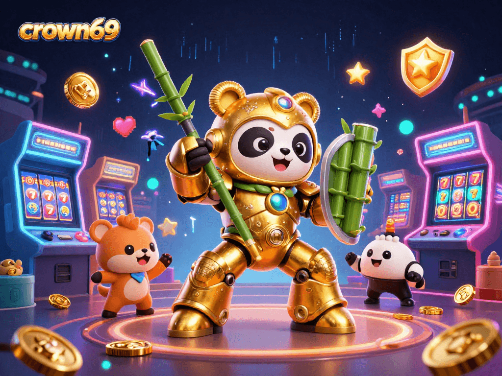 Engage in the thrilling world of crown69 with a vivid scene featuring animated robots and arcade games.