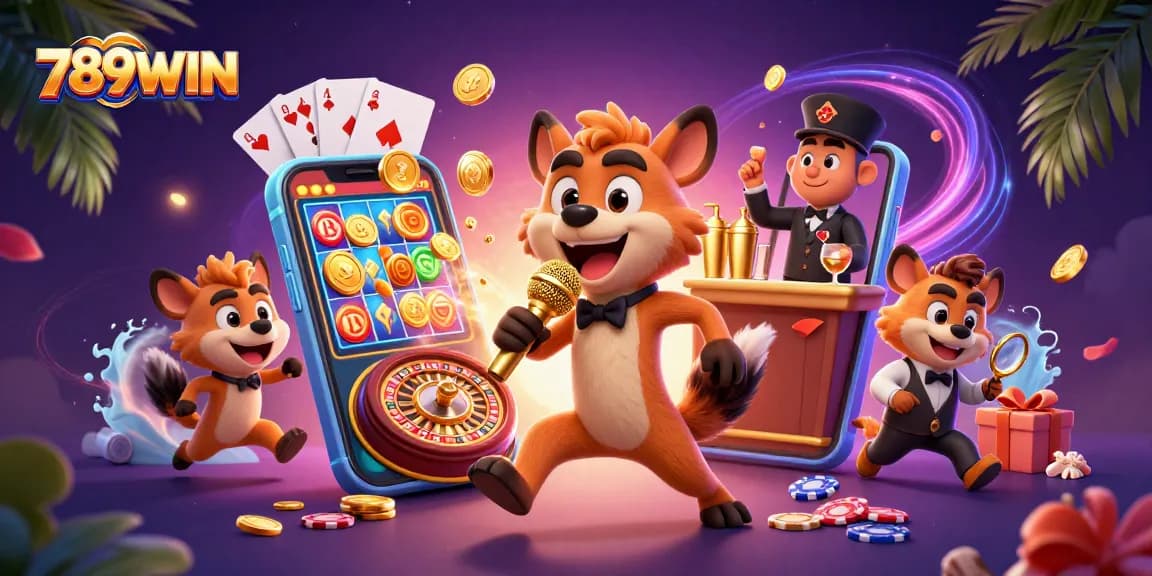 Engage with the vibrant 789WIN casino scene showcasing animated hyenas in a lively comedy club with gaming elements.