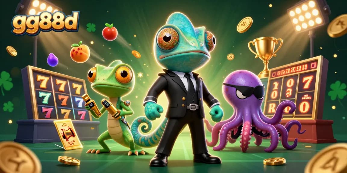 Exciting gg88d gameplay illustrated with agent characters and slot features amidst sparkling gold coins.