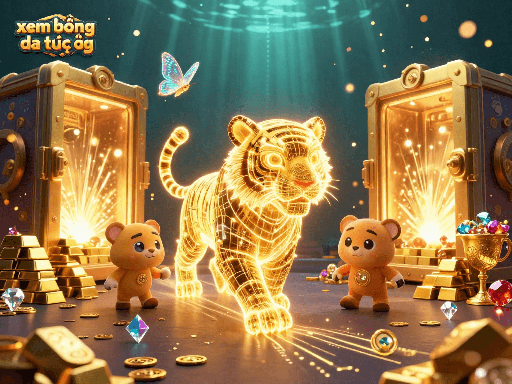 xem bóng đá trực tiếp in an exciting casino scene with a golden tiger and treasures.