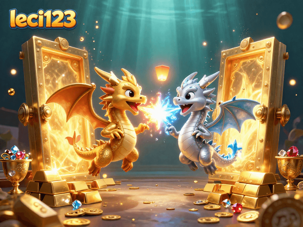 Aksesi leci123 dengan gambar 3D yang menampilkan naga bertarung dalam permainan kasino menakjubkan.