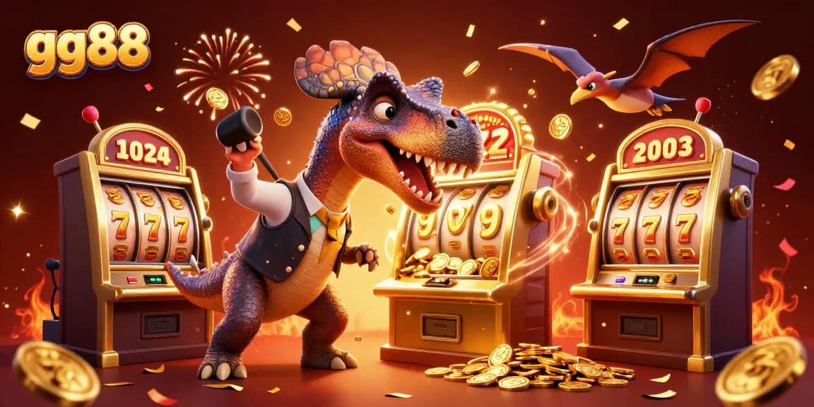 gg88 jackpot scene with dinosaurs winning coins from a slot machine, showcasing dynamic casino excitement