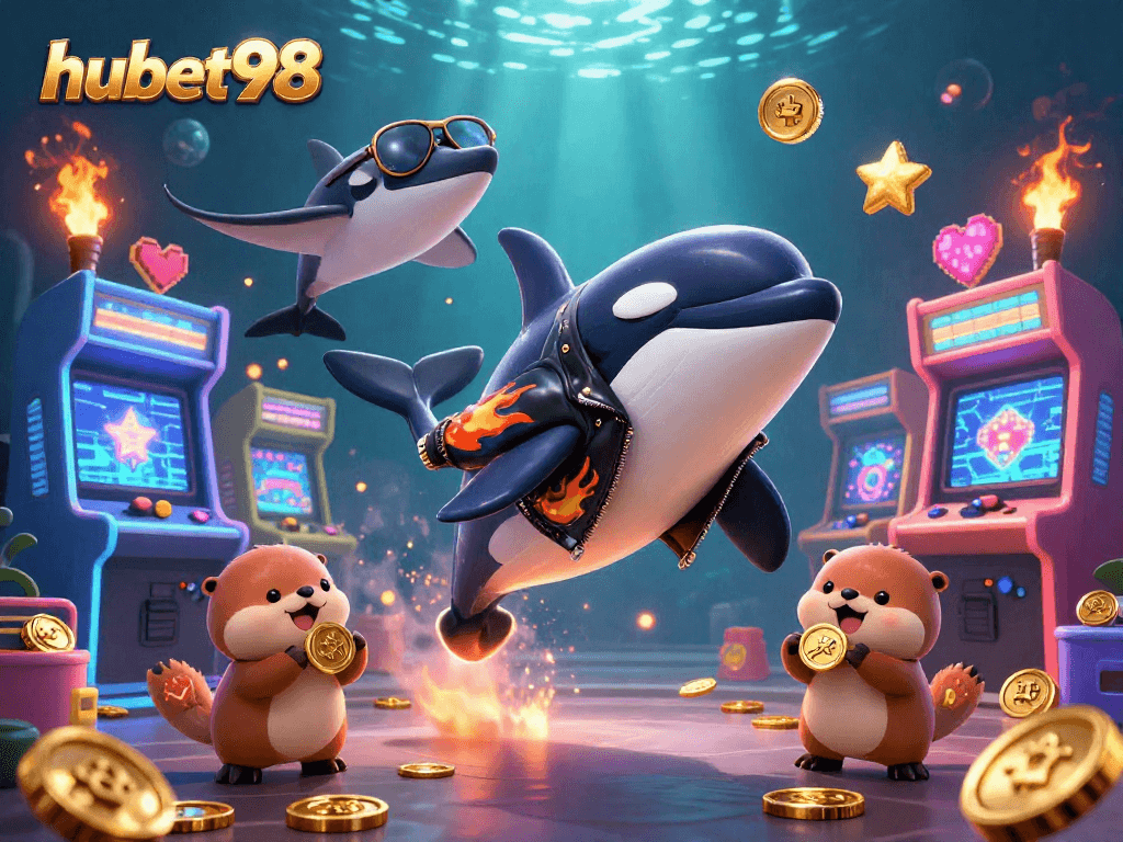 Play and win with hubet98, showcasing fun characters and vibrant casino elements in an exciting underwater theme.