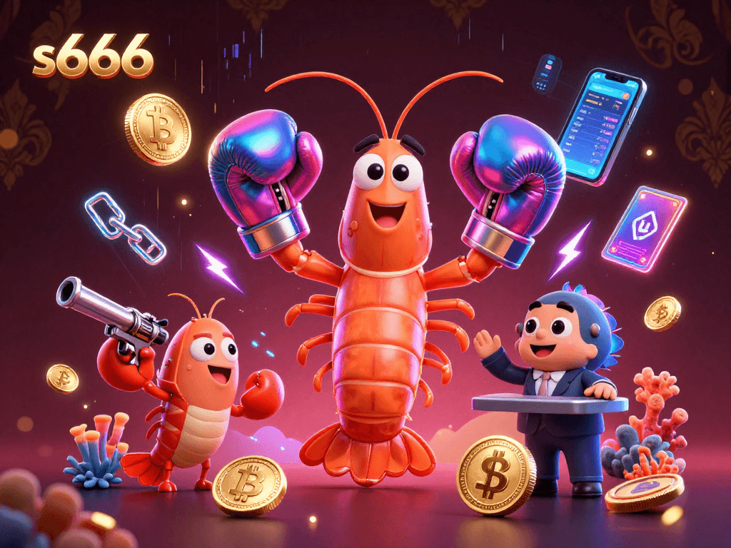 S666 casino experience featuring vibrant characters, cryptocurrencies, and gambling excitement in a dynamic scene.