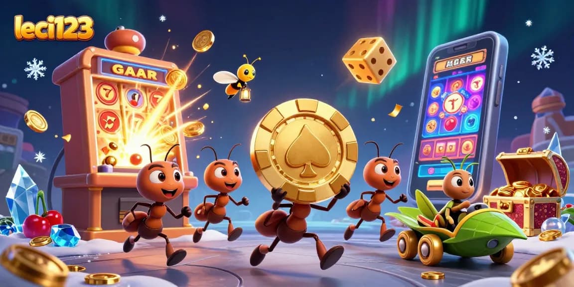 LECI123 showcases a heist scene with cartoon ants and golden casino elements, perfect for engaging gamers.