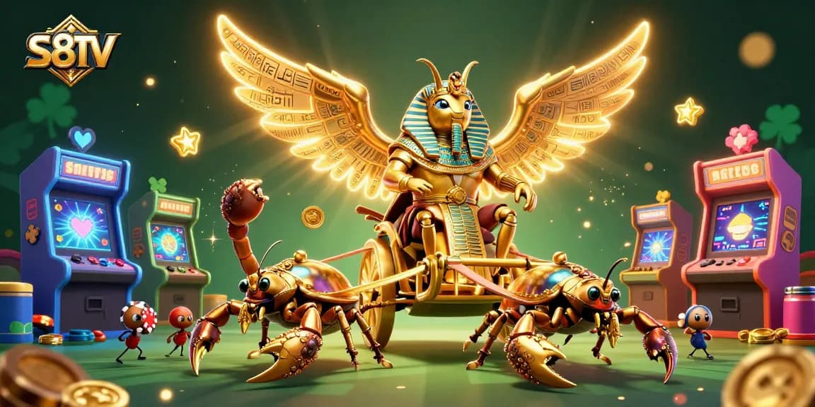 Engage in thrilling gameplay at S8TV with a dazzling illustration featuring vibrant casino elements and energetic characters.