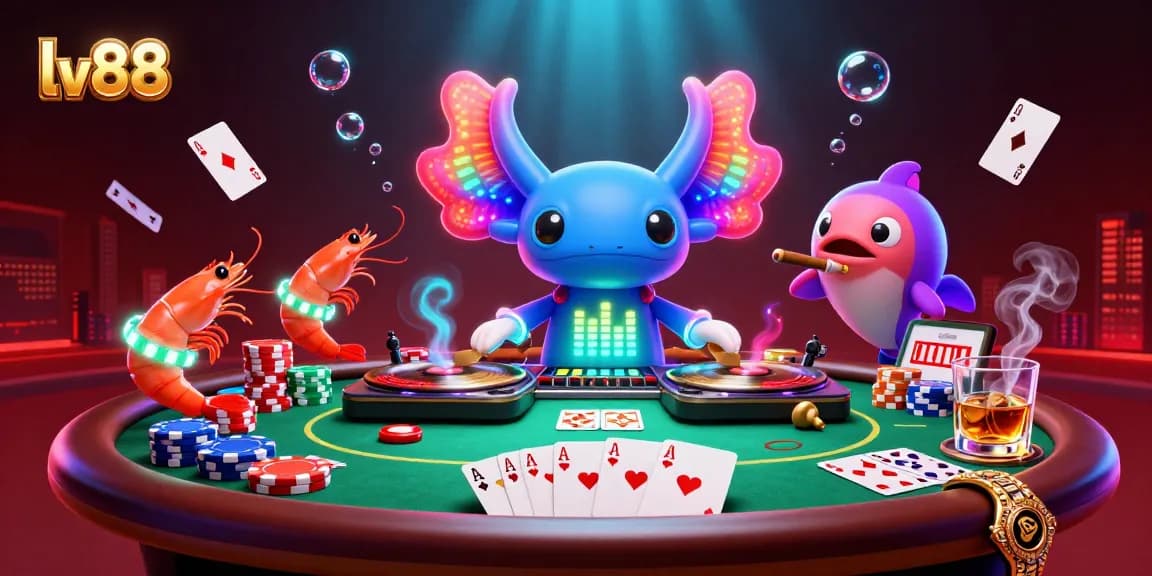 Experience the excitement of lv88 casino with a vibrant scene featuring a DJ axolotl, poker action, and lively underwater elements.