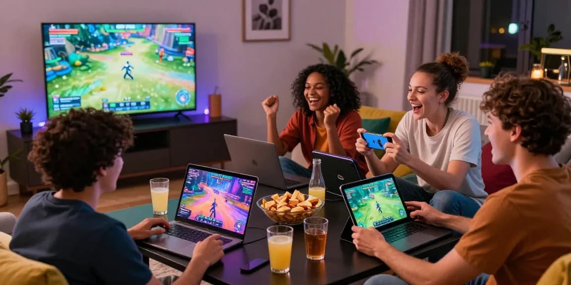 Friends enjoying xxx games together on multiple devices in a vibrant living room.