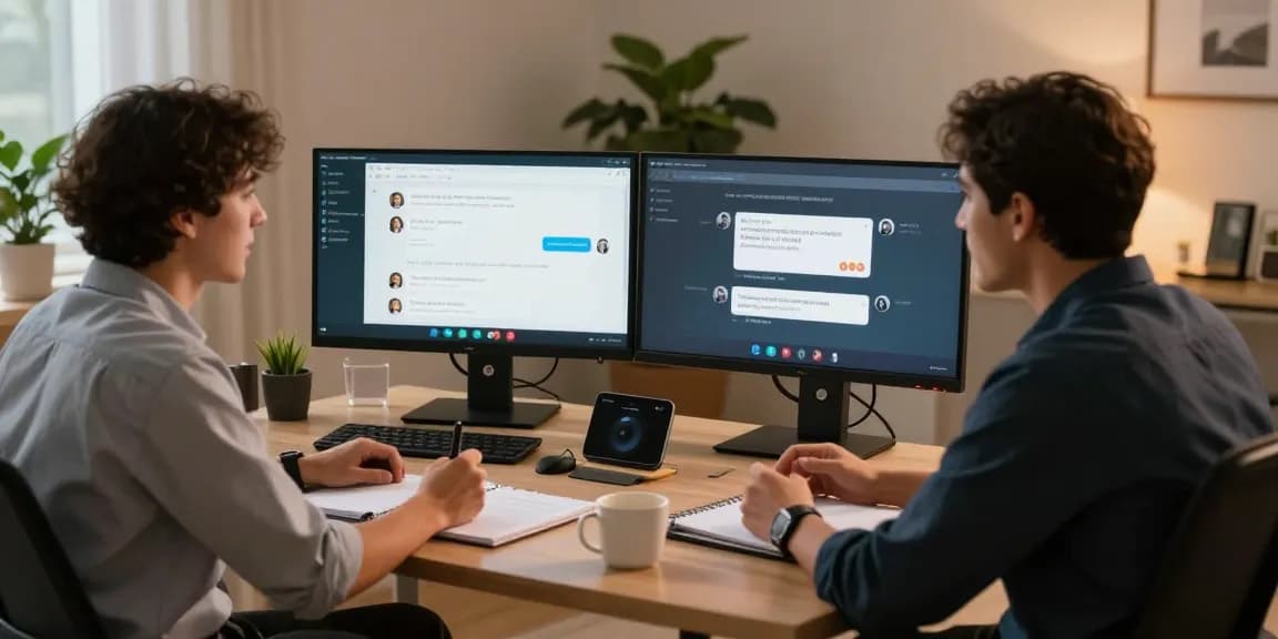 Engaged professionals on a video call about juicy ai chat technology in modern workspaces.