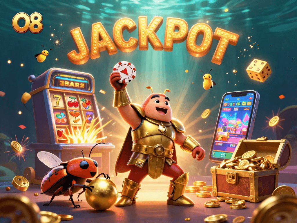 Experience the thrill of O8 with a cartoon beetle in victory and a jackpot explosion of coins!
