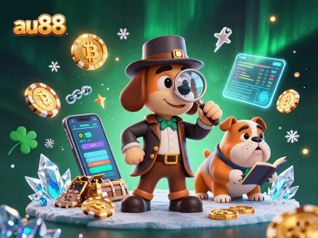 au88 players seeking treasure analyze poker chip clues in a vibrant 3D casino illustration.