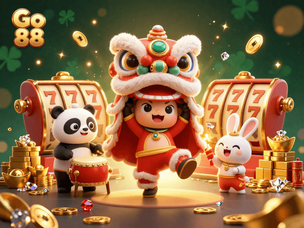 Experience excitement at Go 88 with vibrant casino elements and festive characters in a captivating scene.