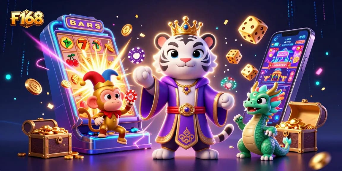 Experience the thrill of F168 with a 3D cartoon white tiger, golden monkey, and jade dragon amidst vibrant casino elements.
