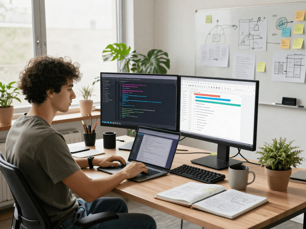 Developer coding in a modern workspace with crushonai on screen, surrounded by tech gadgets and notes.