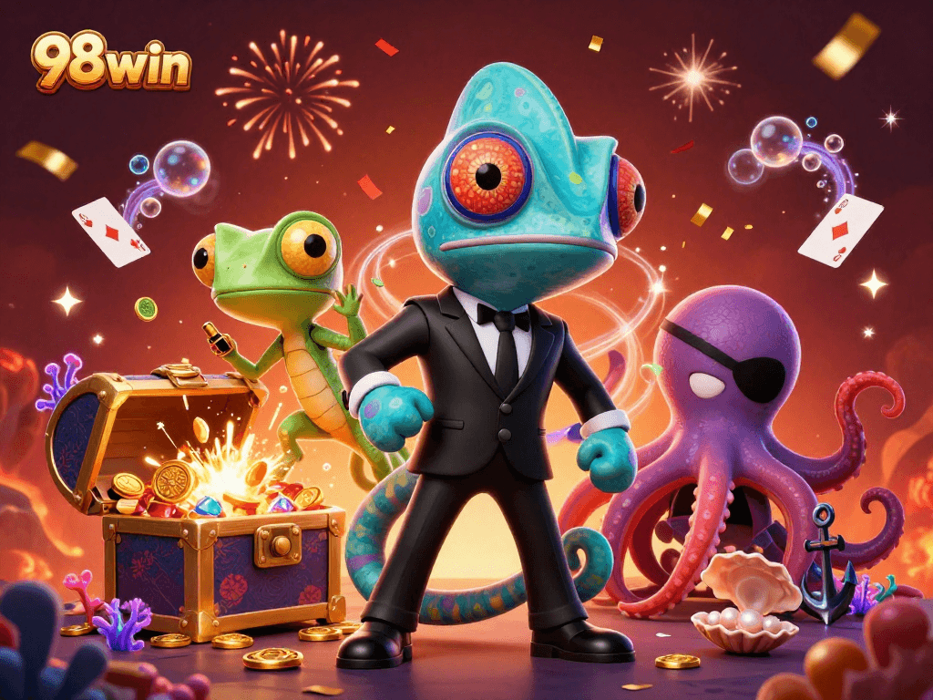 Engage in thrilling gameplay with 98win as a chameleon secret agent in a dynamic casino scene.