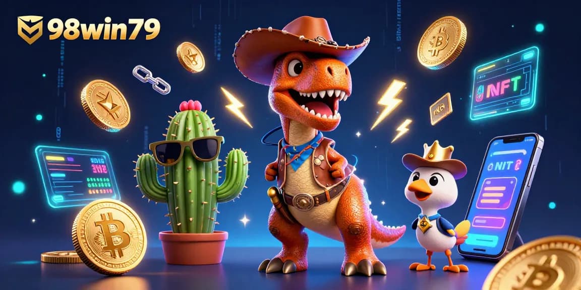 Engage with 98win79's thrilling casino energy through vibrant elements of play and luck in a dynamic 3D illustration.