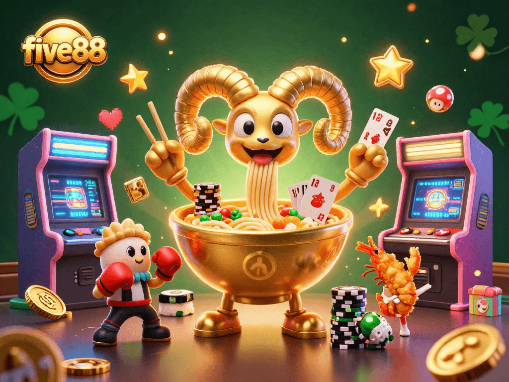Engage with the vibrant theme of five88, showcasing a giant ramen bowl character in a casino environment.