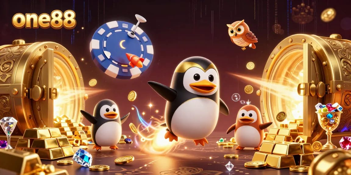 Experience exciting gameplay at one88, featuring golden penguins and vibrant casino elements.