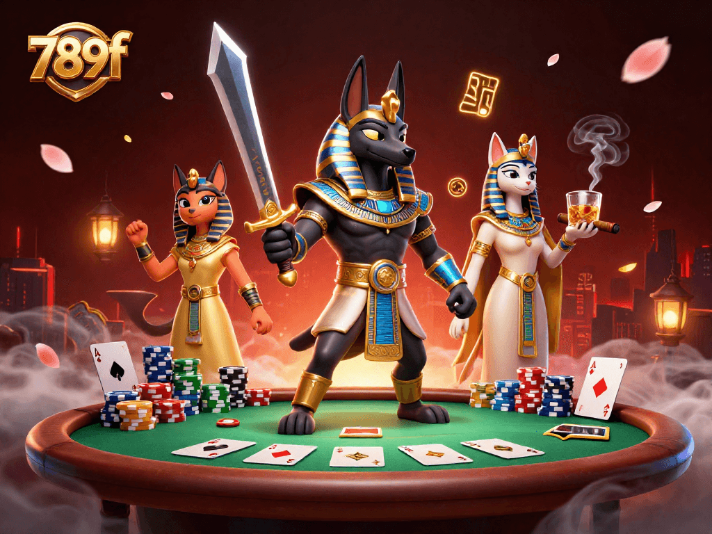 Compete at 789f's lively poker table with Anubis and Bastet in a mystical atmosphere.