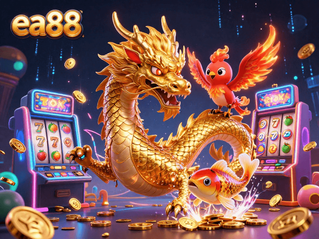 Engage with exciting games at ea88, featuring a golden dragon and vibrant slot machines.