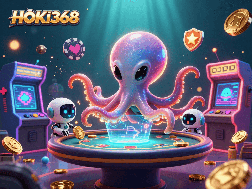 Experience HOKI368's vibrant gaming universe with an alien octopus managing a poker table.