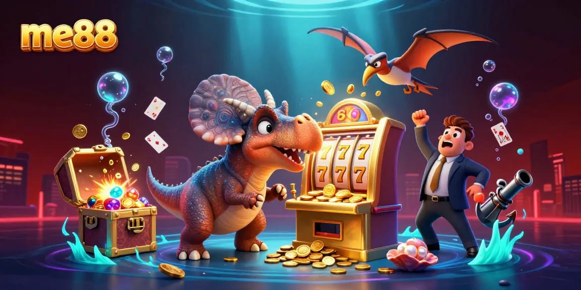 Experience the excitement at me88 with a dynamic scene of a pachycephalosaurus winning jackpots, surrounded by casino elements.