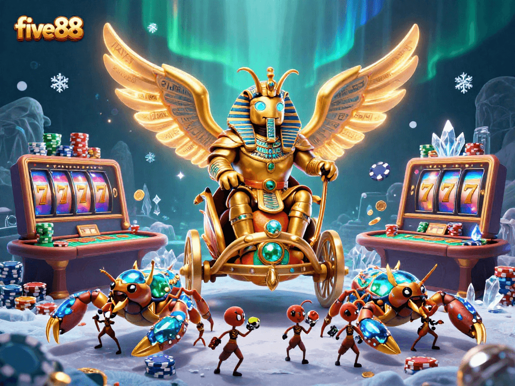 Experience thrilling wins at five88's poker tables filled with glowing chips and vibrant slot reels.