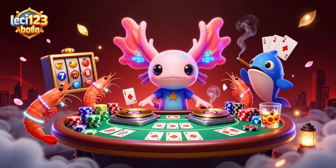 Engage with leci123bola as a vibrant axolotl DJ mixes poker excitement with colorful characters in a lively casino scene.