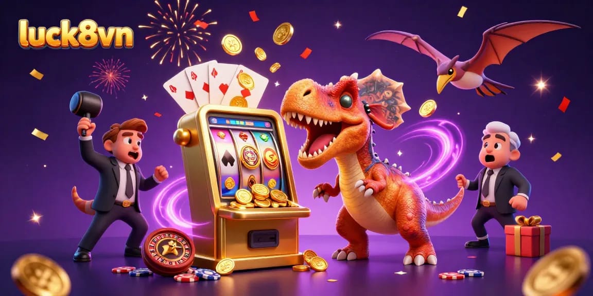 Watch the luck8vn pachycephalosaurus win jackpots as golden coins fly, surrounded by vibrant casino elements.