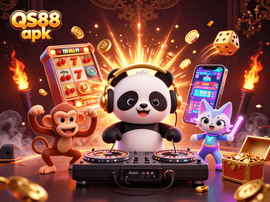 Experience the thrilling action of QS88 apk with this vibrant casino-themed illustration featuring a DJ panda, dancing monkey, and glow-stick kitten.