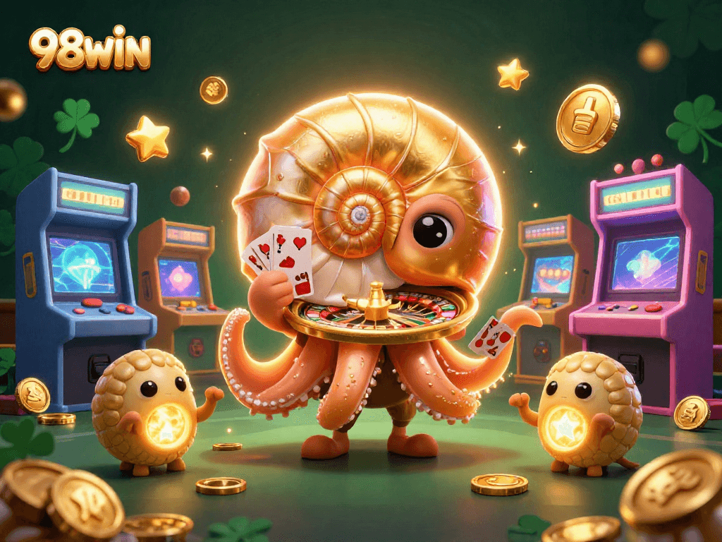 Engage with 98WIN's immersive casino experience featuring a giant nautilus as a roulette wheel amidst vibrant gaming elements.