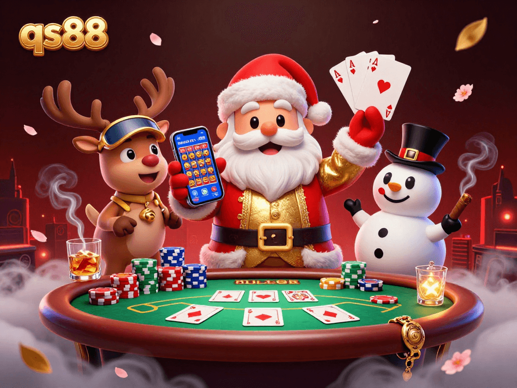 Experience the excitement of qs88 with Santa and friends at a lively casino backdrop.