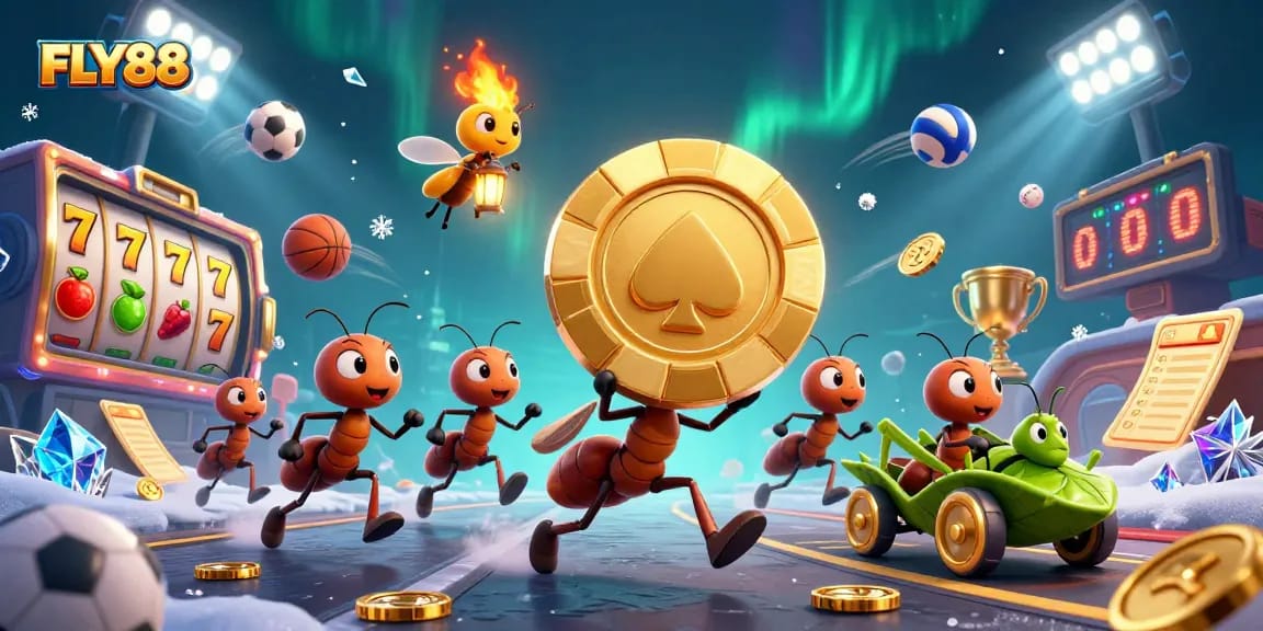 FLY88 showcases a vibrant animated scene with ants carrying a giant poker chip amid a lively casino backdrop.