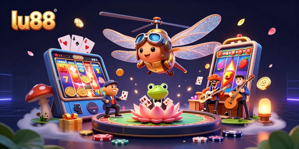 Experience the excitement of lu88 with a colorful 3D digital casino scene featuring a dragonfly pilot and frog dealer.
