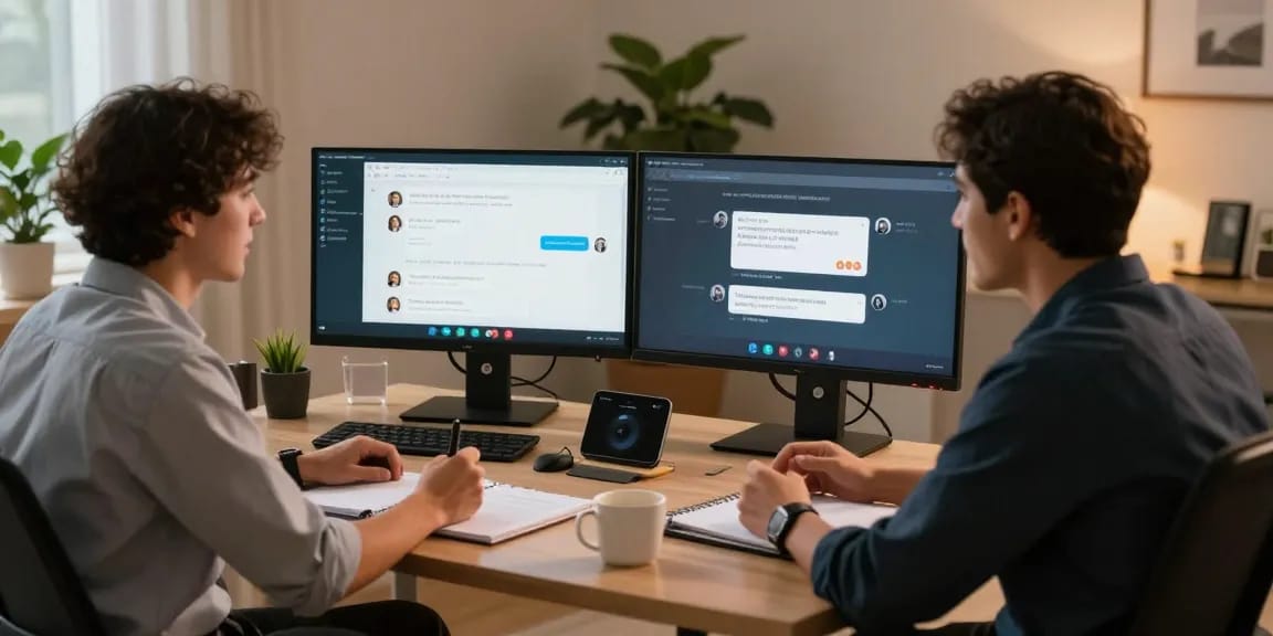 Engaged professionals on a video call about juicy ai chat technology in modern workspaces.