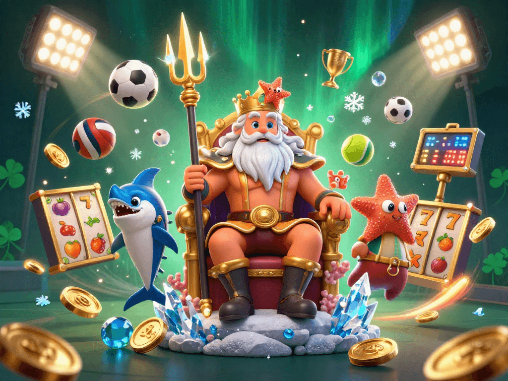 Engage with TA88's thrilling online gaming adventure featuring Neptune, sports balls, and vibrant casino elements.