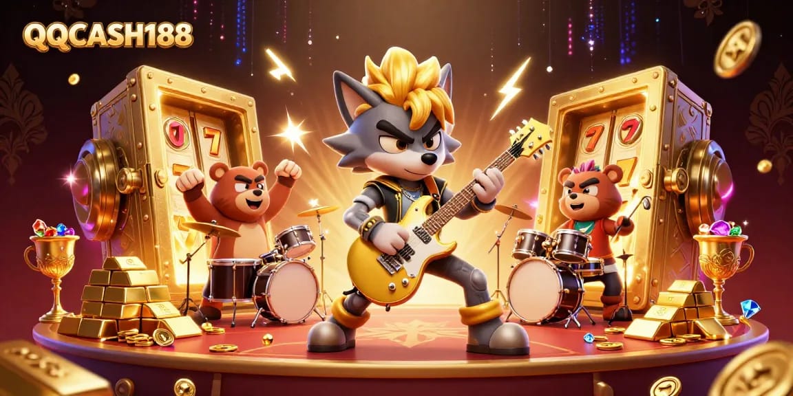 QQCASH188 showcases a rock star wolf and drummer bear electrifying a vibrant casino stage filled with treasures.
