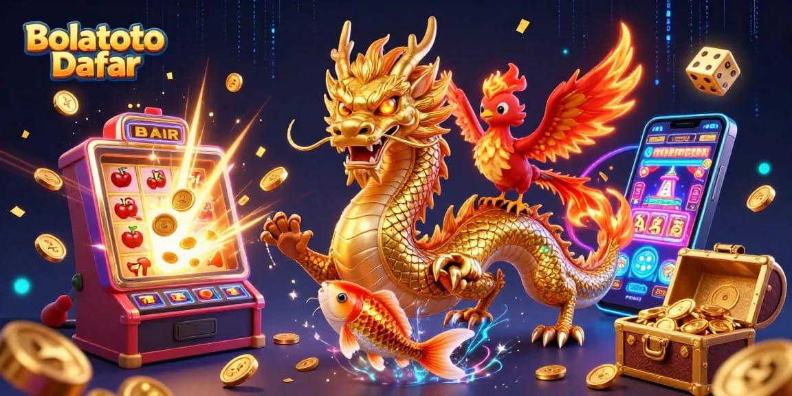 Spin to win with Bolatoto Daftar, featuring a dynamic scene of casino elements and lucky symbols.