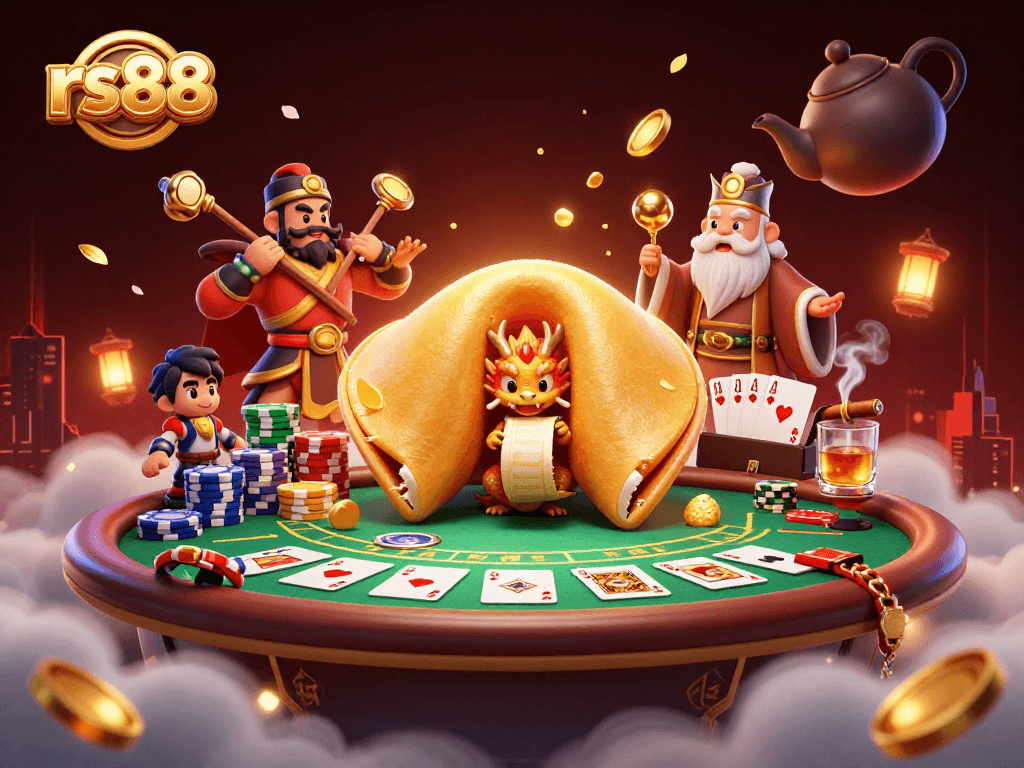 Experience thrilling gameplay at rs88 casino with golden fortune cookie and vibrant poker elements.