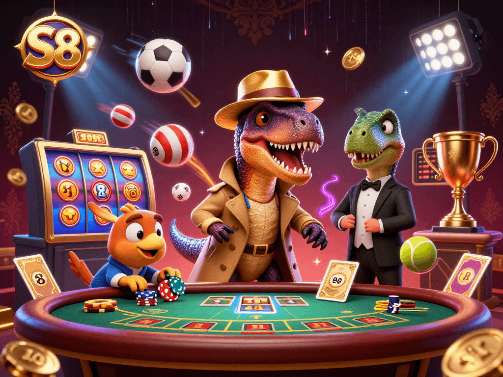 Experience the thrills of S8 with a 3D velociraptor at a blackjack table amidst swirling sports elements.