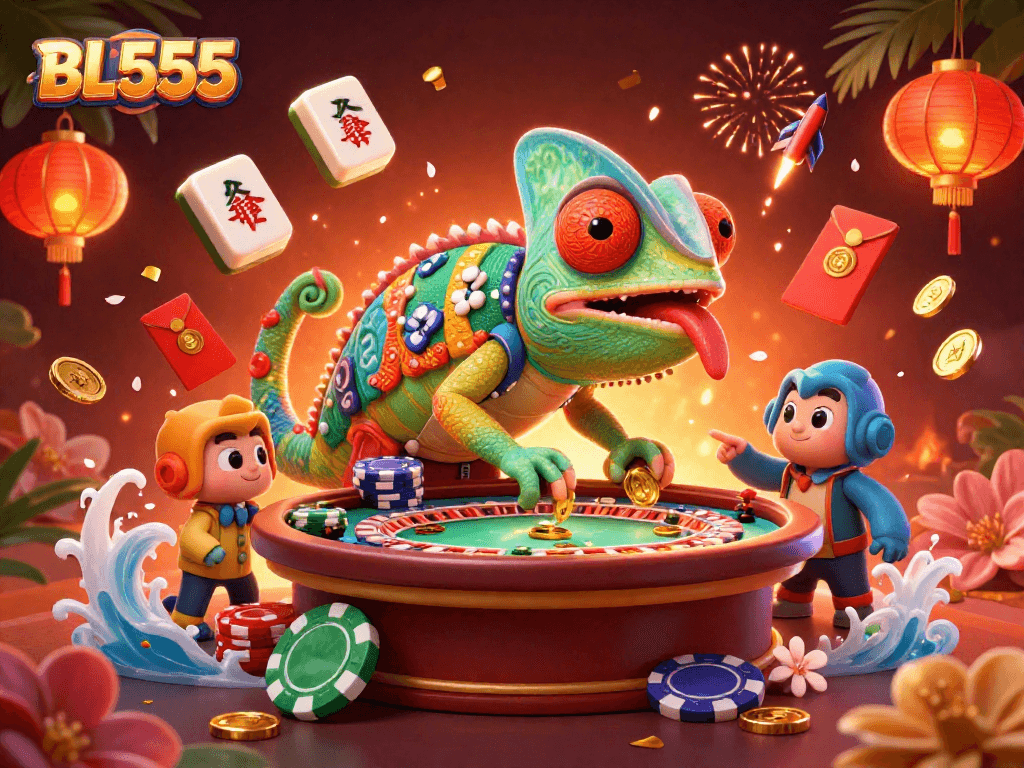 Engage with BL555's vibrant online casino experience featuring an animated chameleon overseeing games.