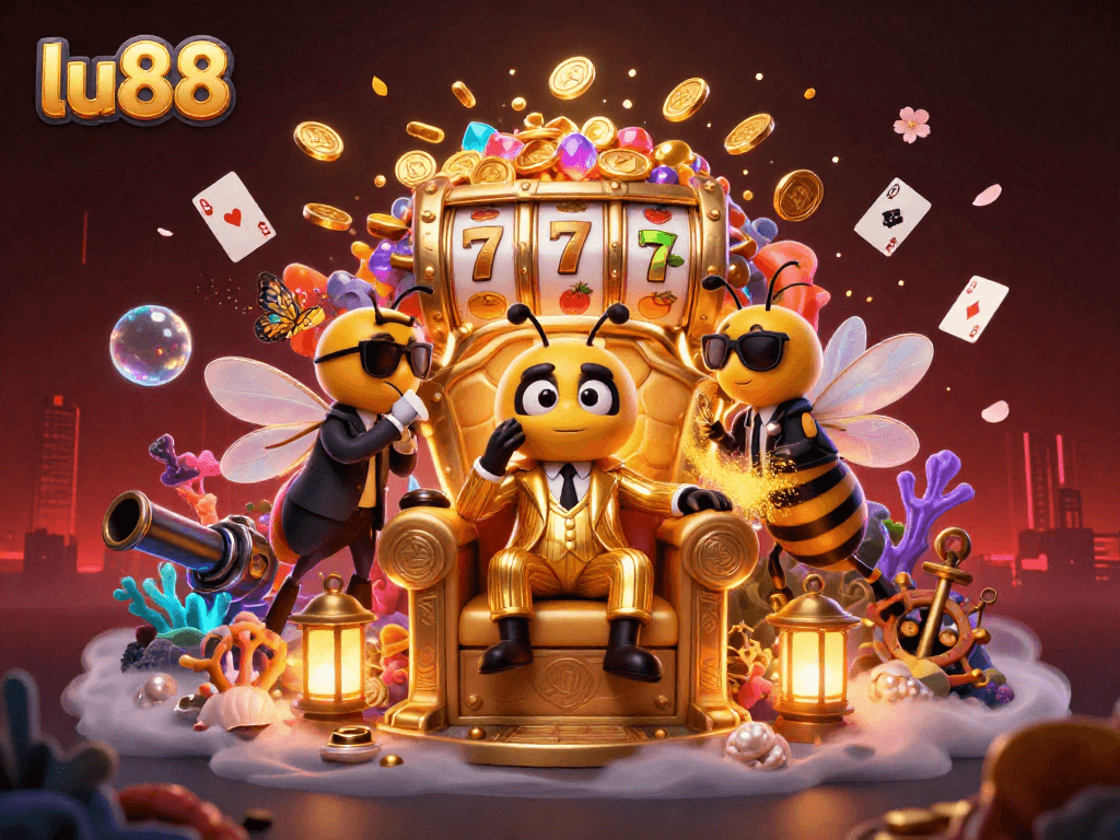 Lu88 showcases vibrant slot game adventure with golden treasures and animated characters.