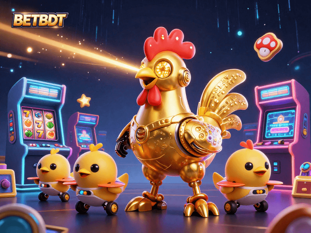 Experience exciting gameplay at BETBDT with a golden rooster robot and vibrant arcade machines.