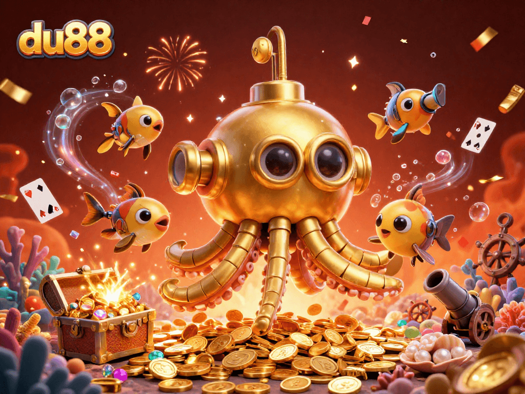 Experience the thrill of du88 with a golden kraken submarine in a sea of coins, surrounded by vibrant casino elements.