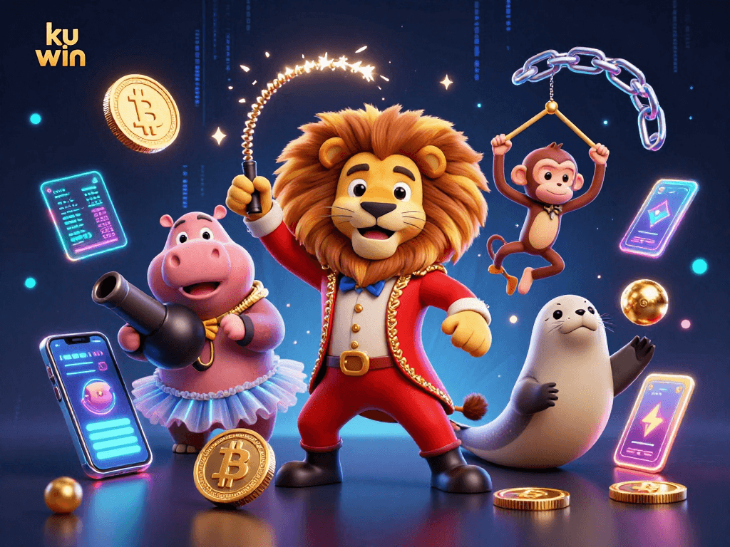 ku win characters celebrate exciting gameplay with Bitcoin and Ethereum elements in a vibrant casino atmosphere
