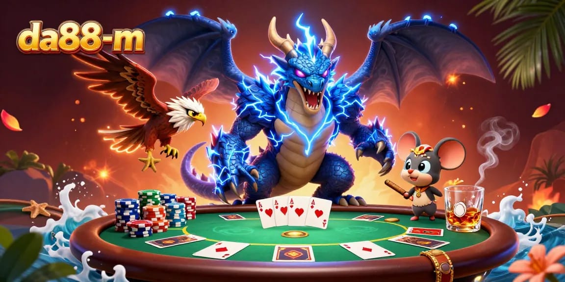 Experience thrilling poker action with da88-m, featuring a dramatic scene packed with vibrant characters and gaming elements.