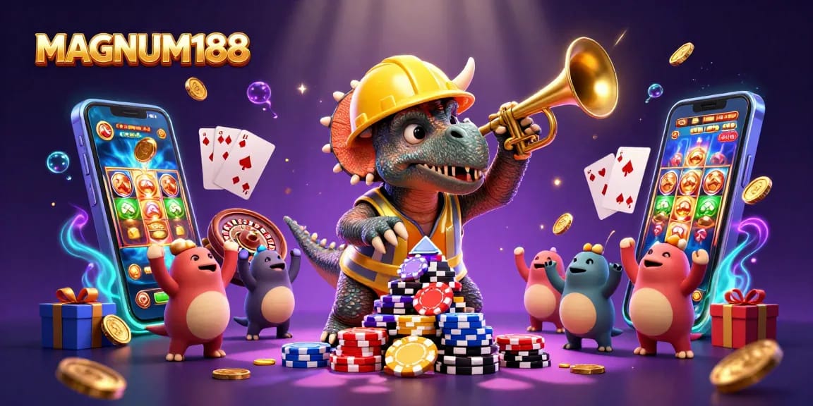 Experience thrilling wins with MAGNUM188 amidst a vibrant casino scene featuring animated characters and slot action.