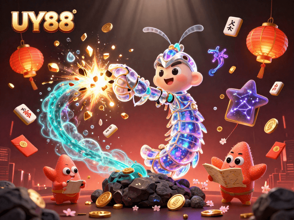 Experience thrilling gaming at UY88 with an action-packed, vibrant illustration showcasing fortune elements.